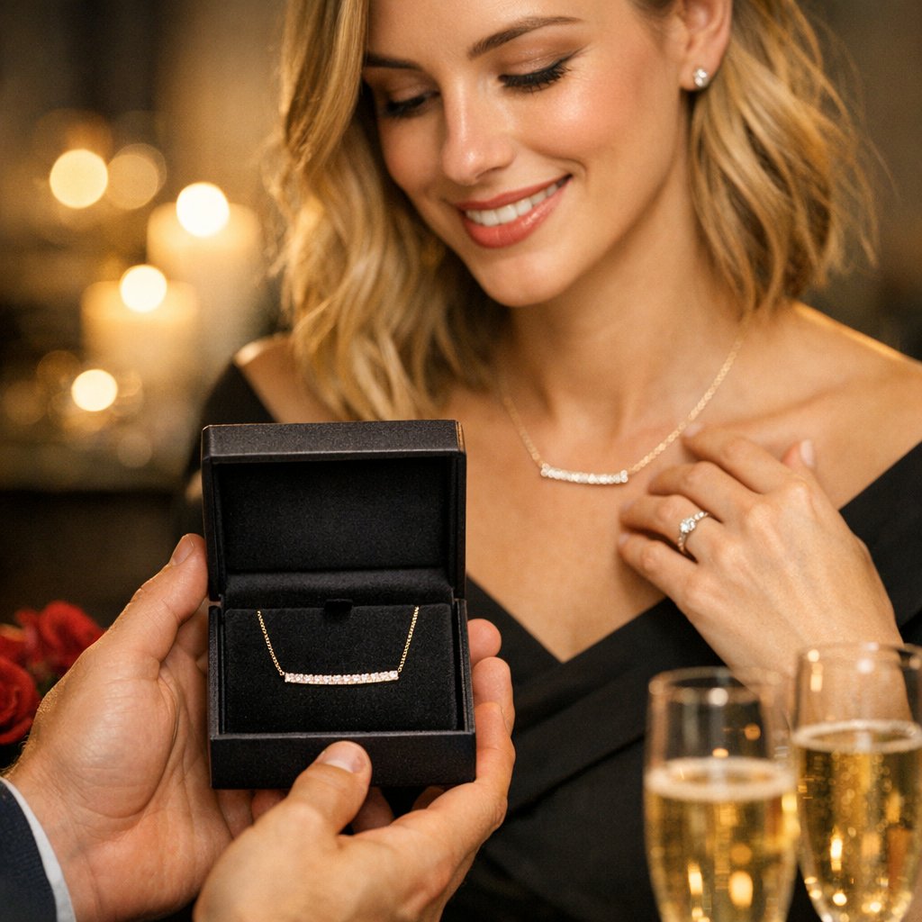 A delicate diamond bar necklace showcased on a model's neckline, highlighting its minimalist and elegant design.