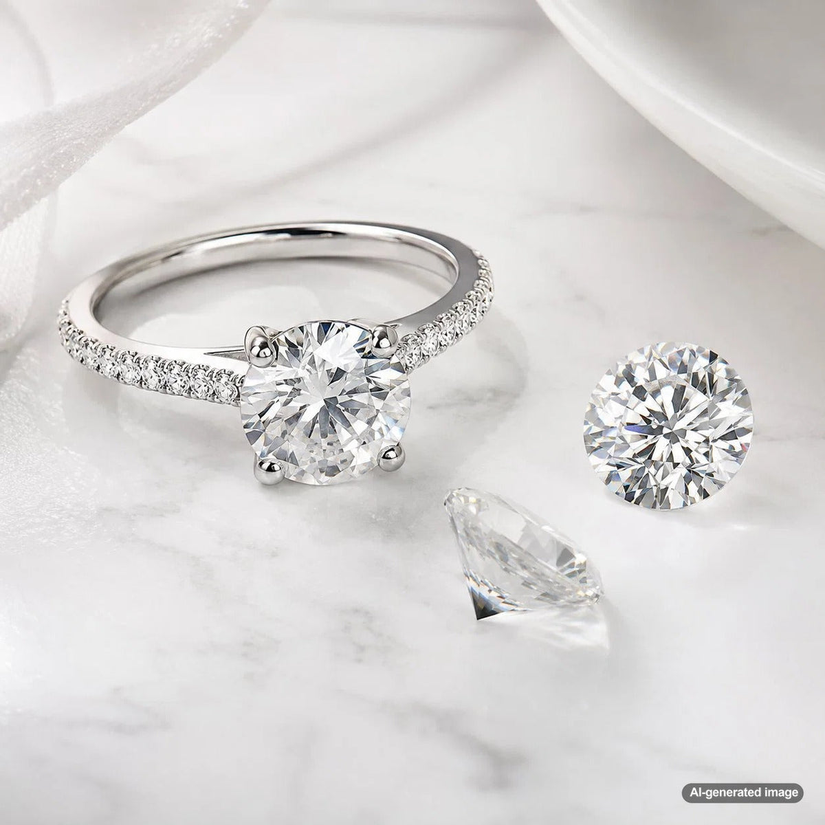 Close up of a diamond culet showing the pointed bottom and facet with a sparkling diamond ring background