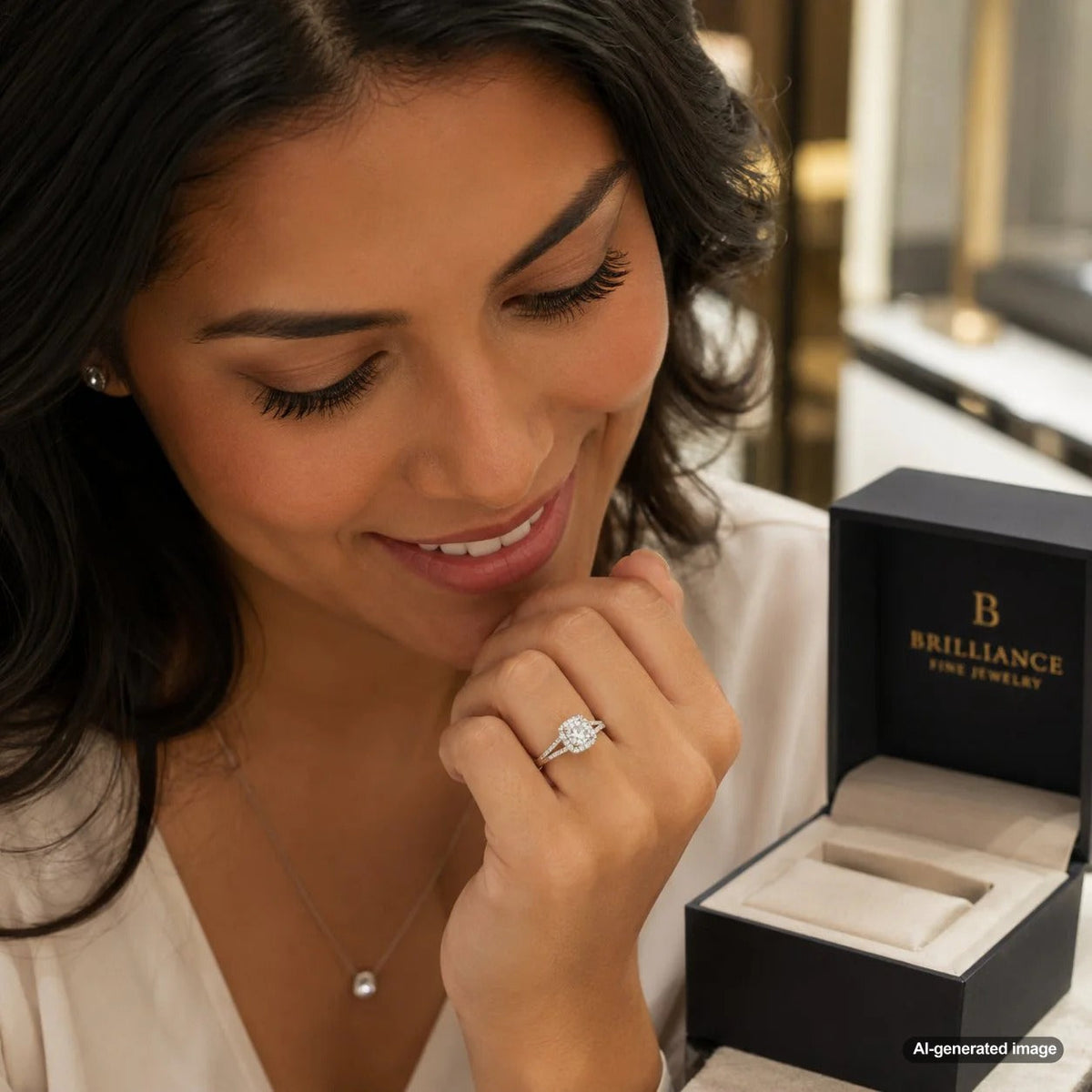 Close up of a stunning diamond illusion setting ring from Robinson's Jewelers showing the faceted metal plate that makes the center stone appear larger