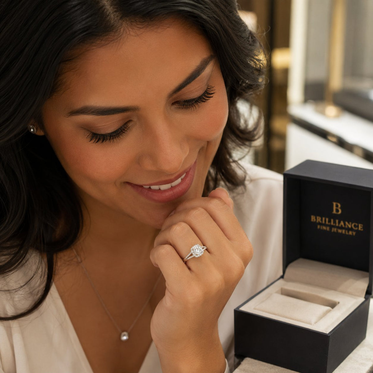 Close up of a stunning diamond illusion setting ring from Robinson's Jewelers showing the faceted metal plate that makes the center stone appear larger