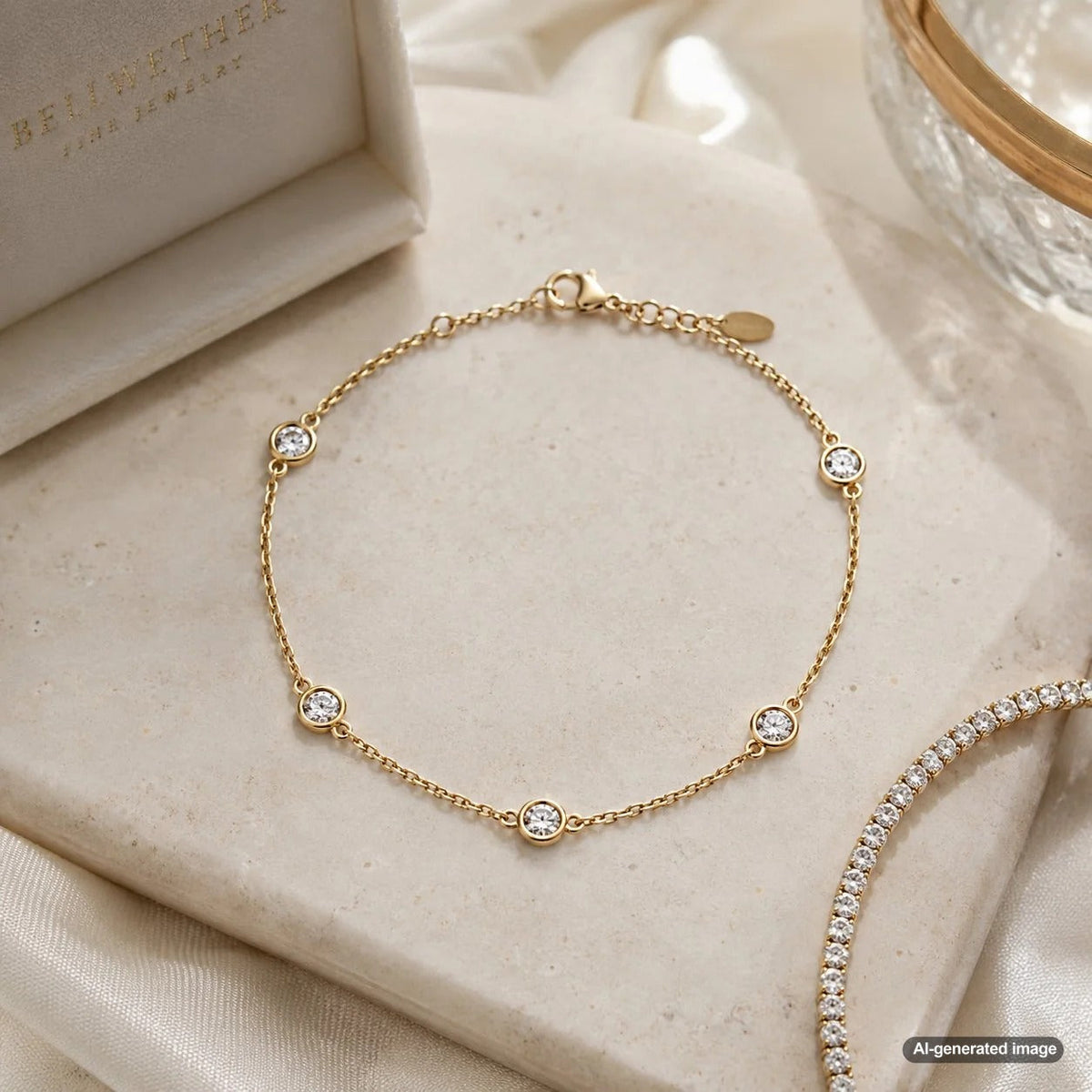 A stunning diamond station bracelet displayed on a sleek surface, showcasing the elegant alternating pattern of sparkling diamonds and delicate chain links.