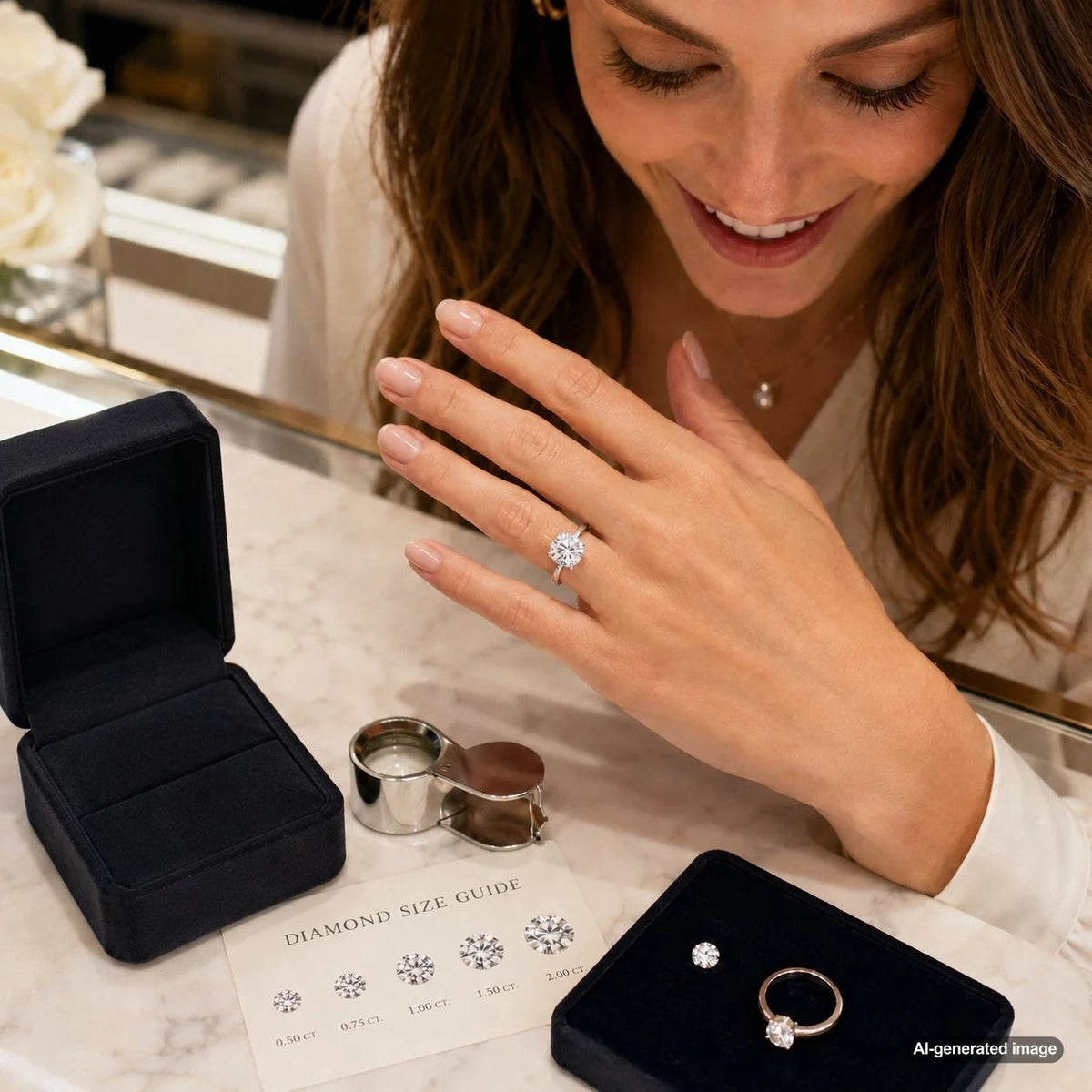 A close-up image comparing the face-up size of a round brilliant diamond to its side profile, illustrating how diamond depth and cut proportions affect the visible surface area and sparkle.