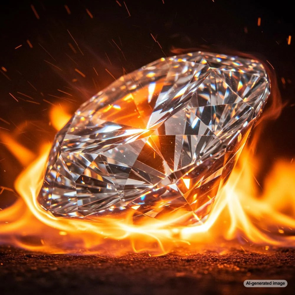 A brilliant diamond reflecting colorful fire under bright lighting.