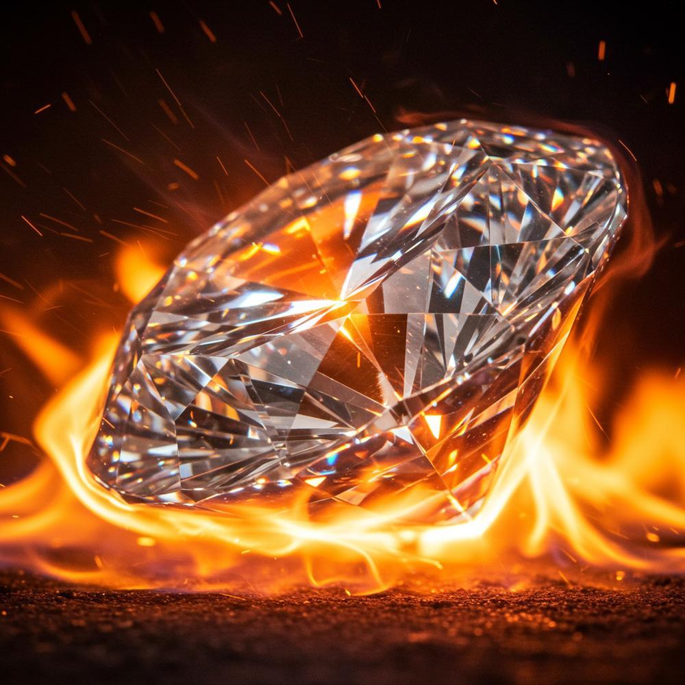 A brilliant diamond reflecting colorful fire under bright lighting.