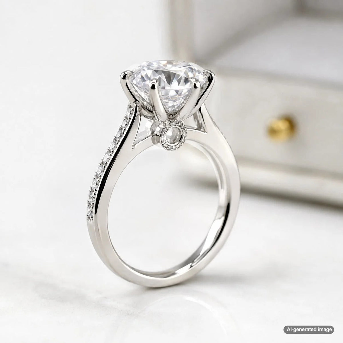 A detailed close-up view of a donut setting on an engagement ring, showing the small metal ring under the diamond for a low-profile fit