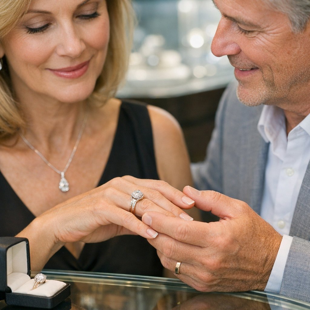 A close up of a woman's hands wearing a stunning diamond engagement ring with a euro shank, showcasing the squared-off bottom of the band that prevents spinning.