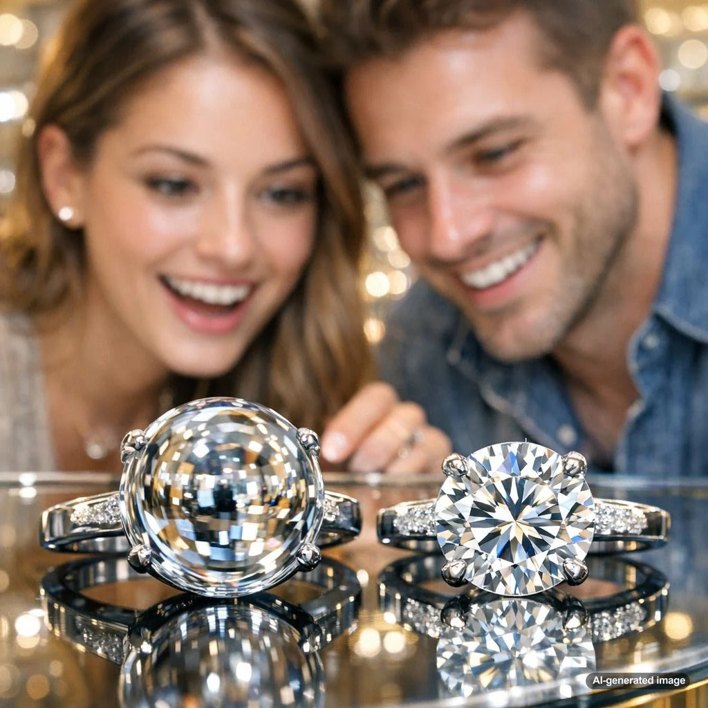 Close-up comparison showing a brilliant, well-cut diamond next to a dull diamond with a visible fisheye effect in the center.