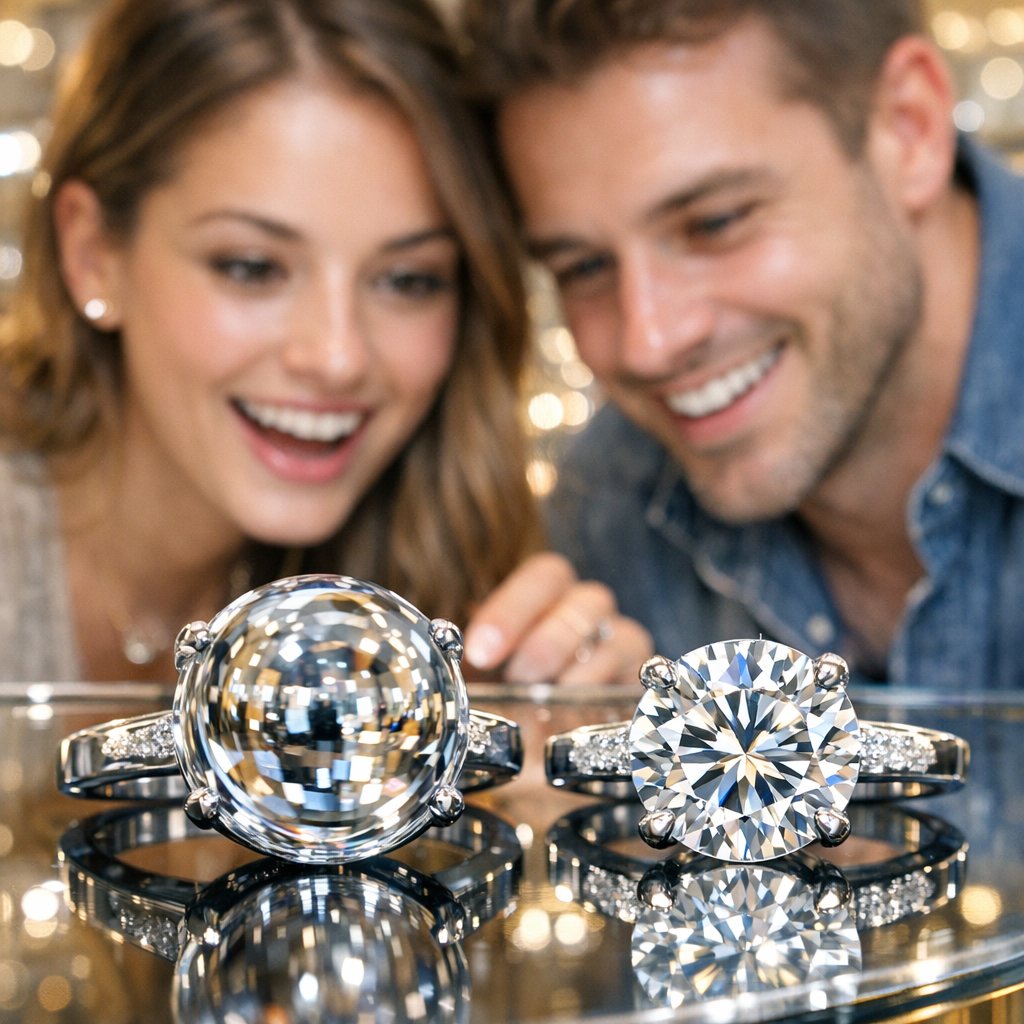 Close-up comparison showing a brilliant, well-cut diamond next to a dull diamond with a visible fisheye effect in the center.