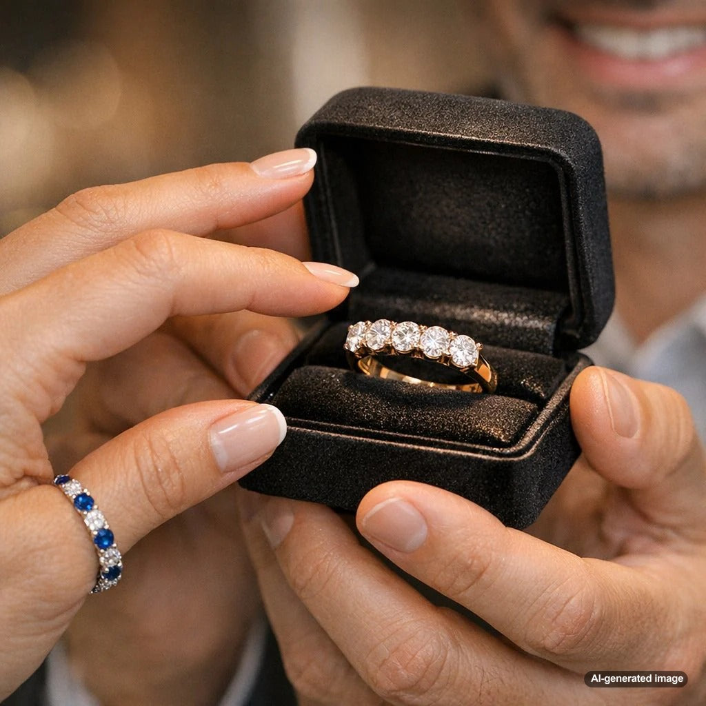 Close up view of a stunning five stone anniversary diamond band on a womans finger showing brilliance and sparkle