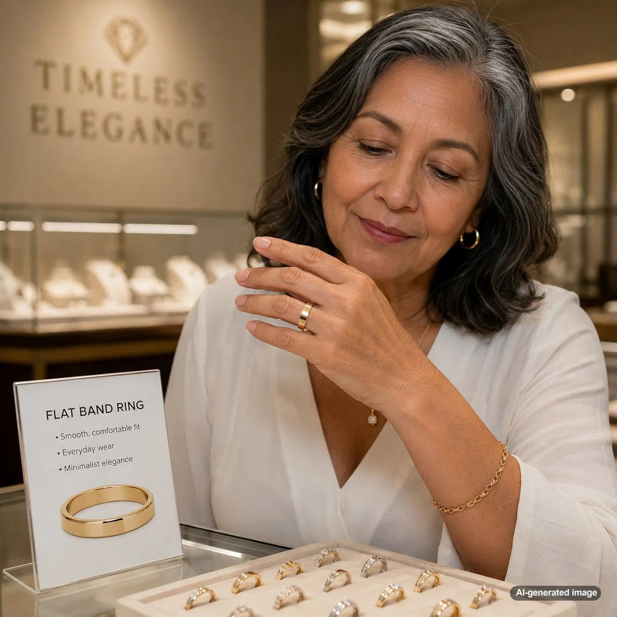 A modern flat band ring with a sleek low-profile design and comfort fit interior displayed against a soft neutral background
