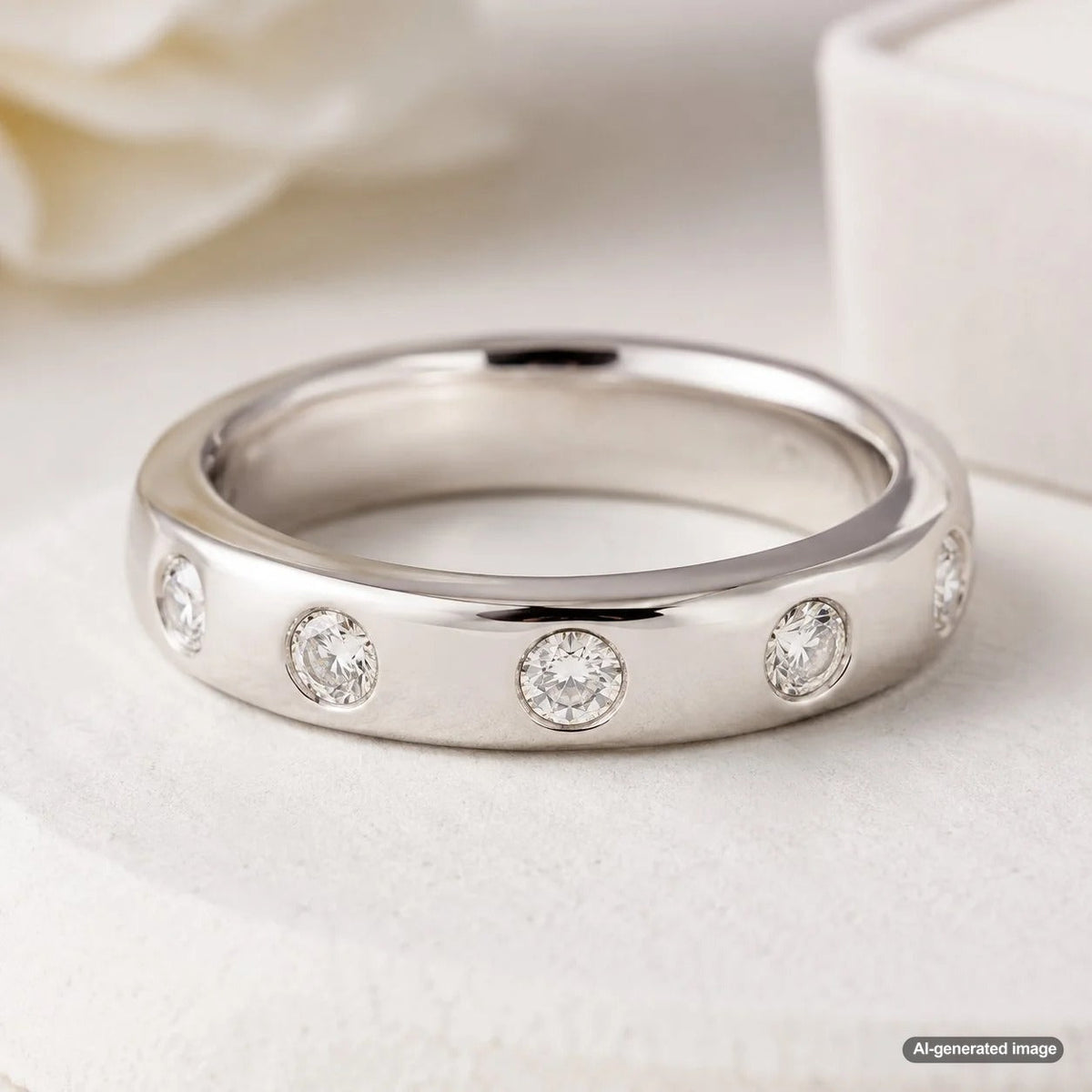 Flush-set diamond wedding band featuring diamonds secured low into the polished metal