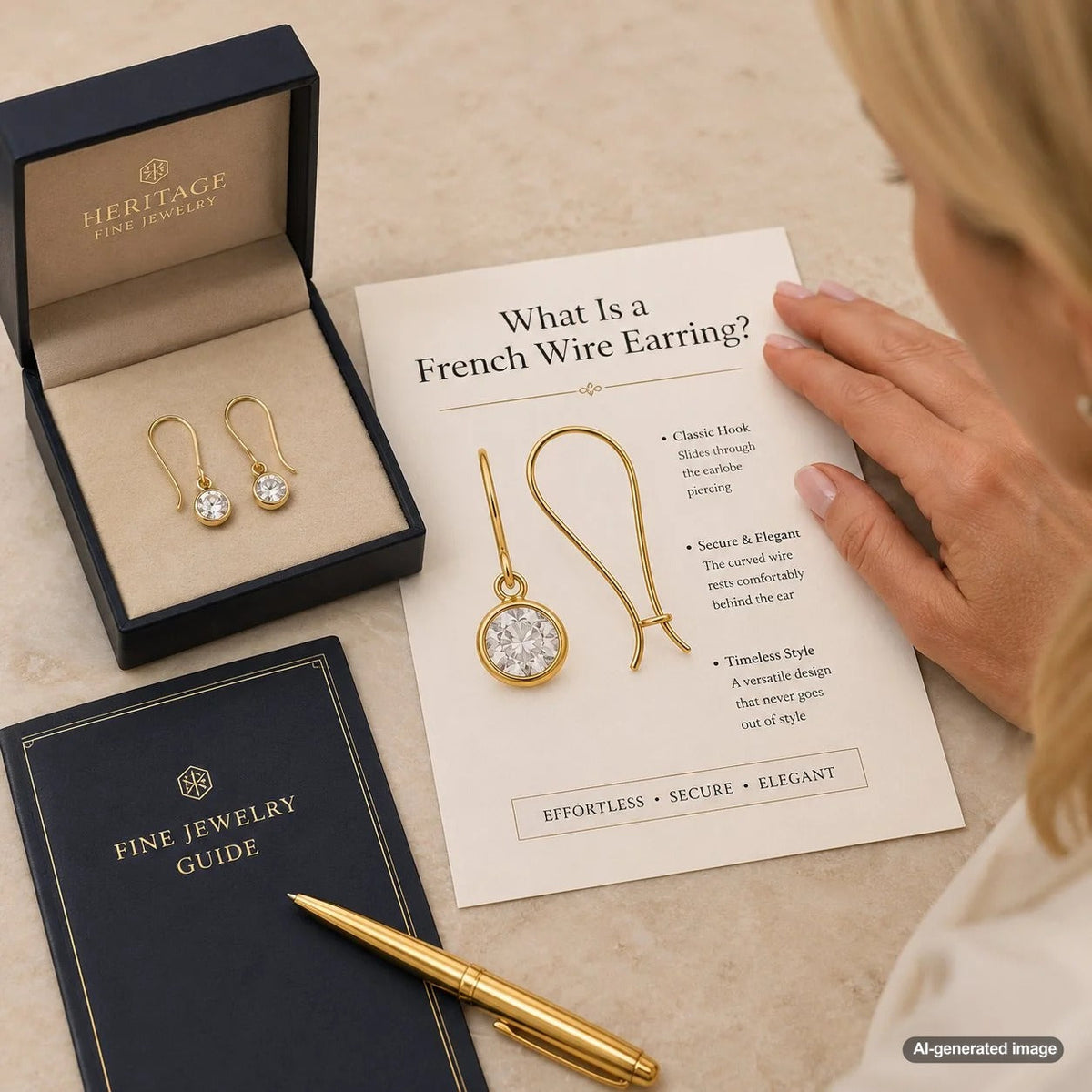 Elegant French wire earrings featuring graceful curved hook findings and dangling fine jewelry details