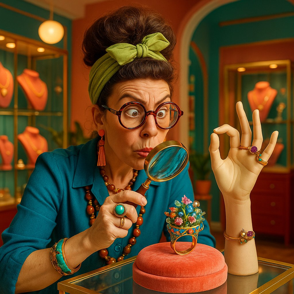 Vintage giardinetto ring with colorful enamel and gemstone flowers in a basket setting