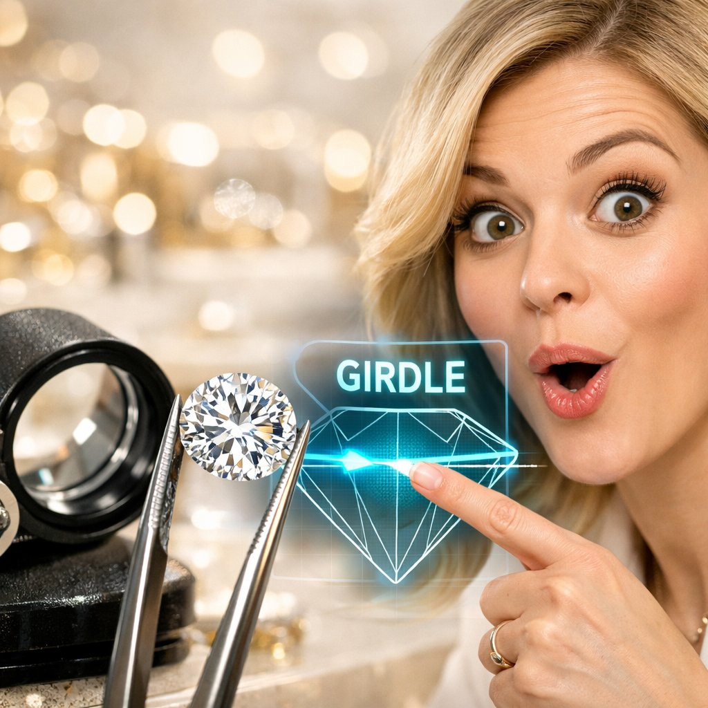 Close-up macro photograph of a brilliant round diamond highlighting its girdle - the outer edge between crown and pavilion.