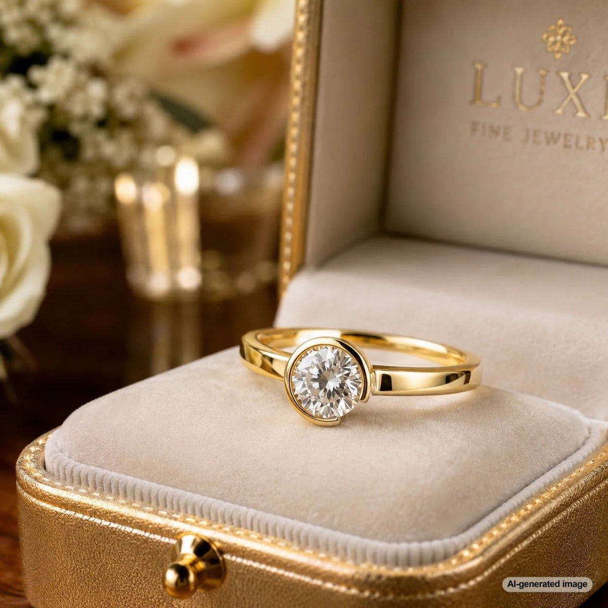 A stunning close-up of a modern half-bezel diamond ring, showcasing the secure metal cradle and the diamond's brilliant sparkle.
