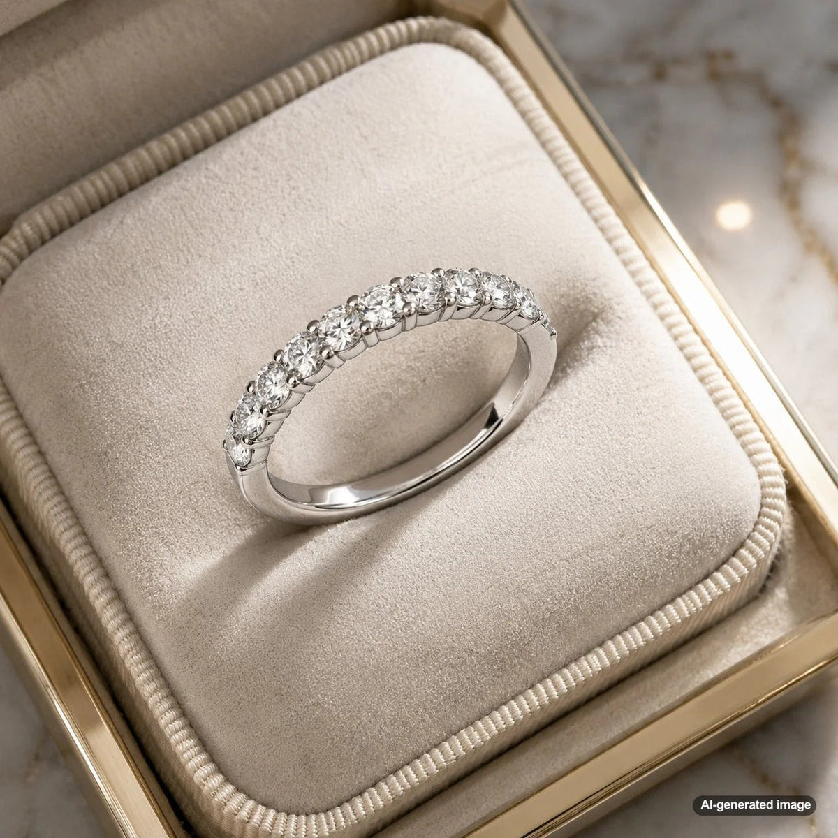 A selection of sparkling diamond half-eternity wedding and anniversary bands displayed at Robinson's Jewelers, showcasing brilliant top-row diamond settings.
