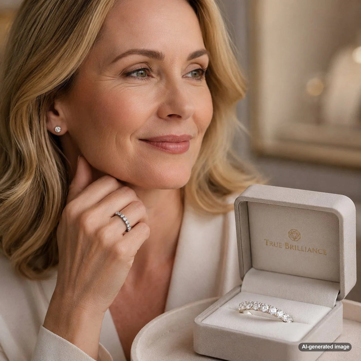 A stunning half-eternity diamond band resting on a white surface, showcasing the brilliant top stones and smooth metal underside for everyday wear and comfort.