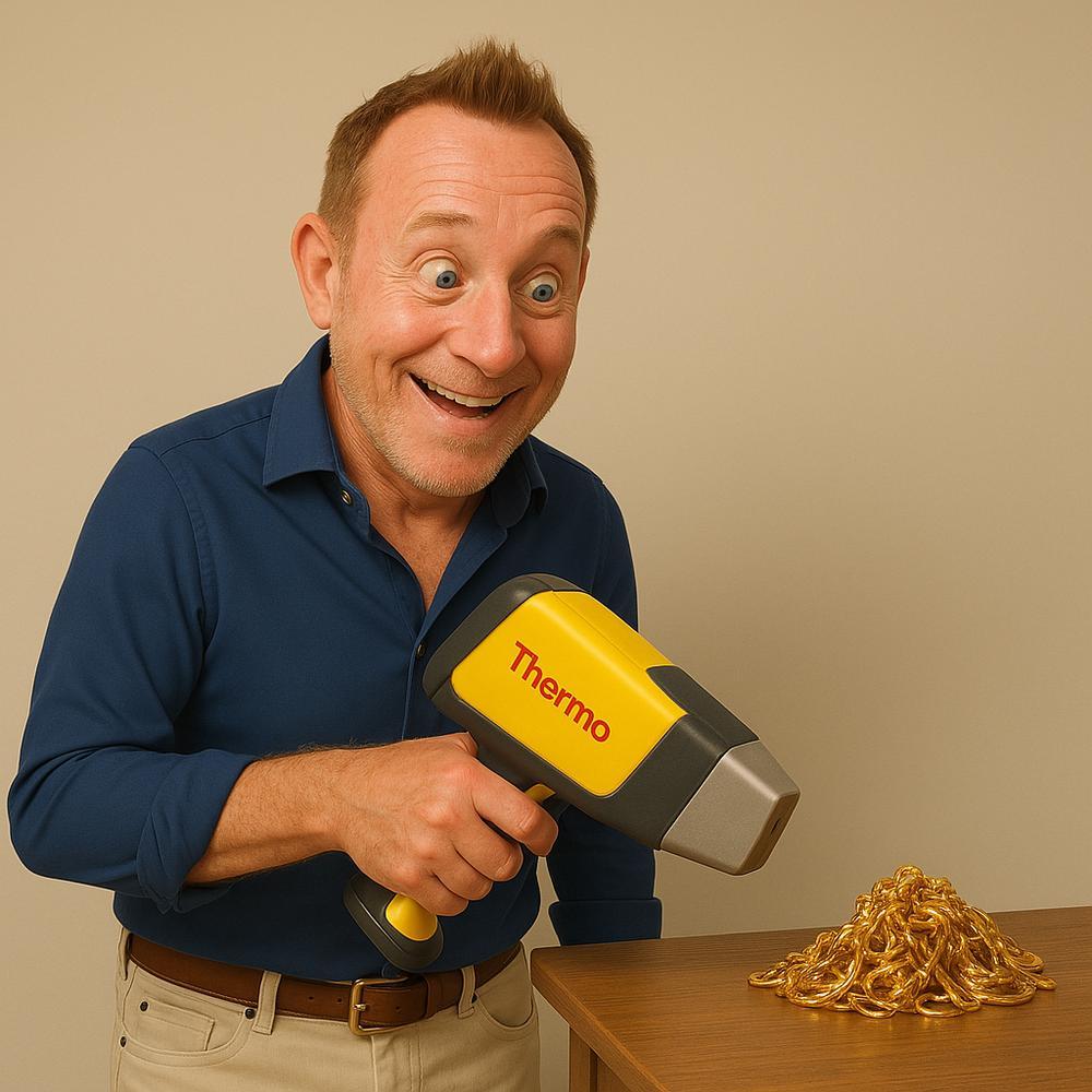 Handheld XRF gold tester analyzing a gold ring at Robinson's Jewelers