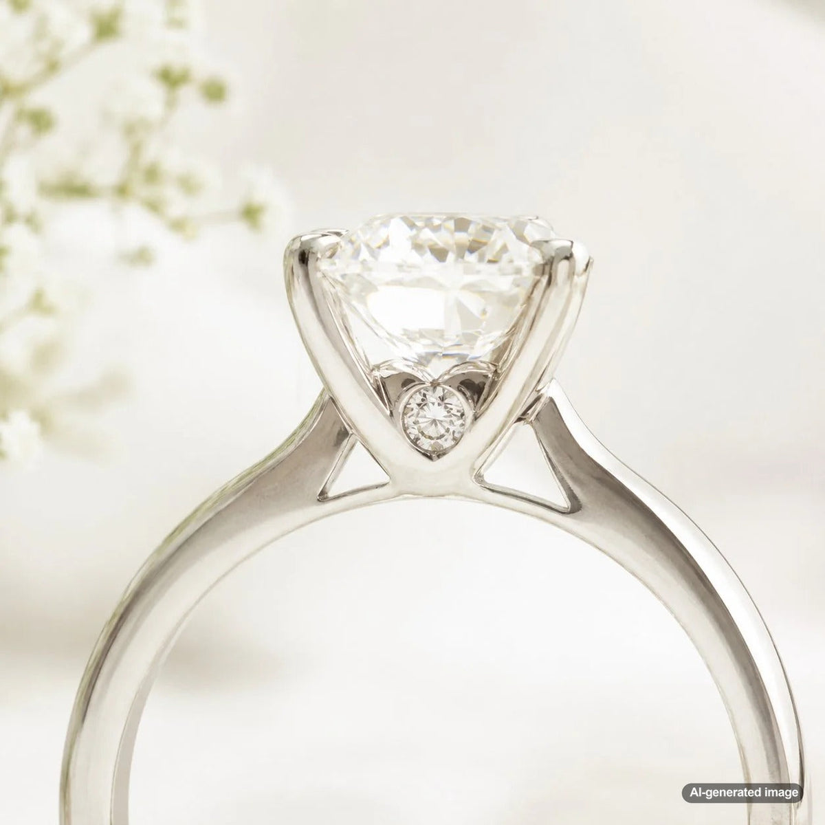 Close up side profile of a diamond solitaire engagement ring showing a hidden halo of diamonds at the base of the center stone setting