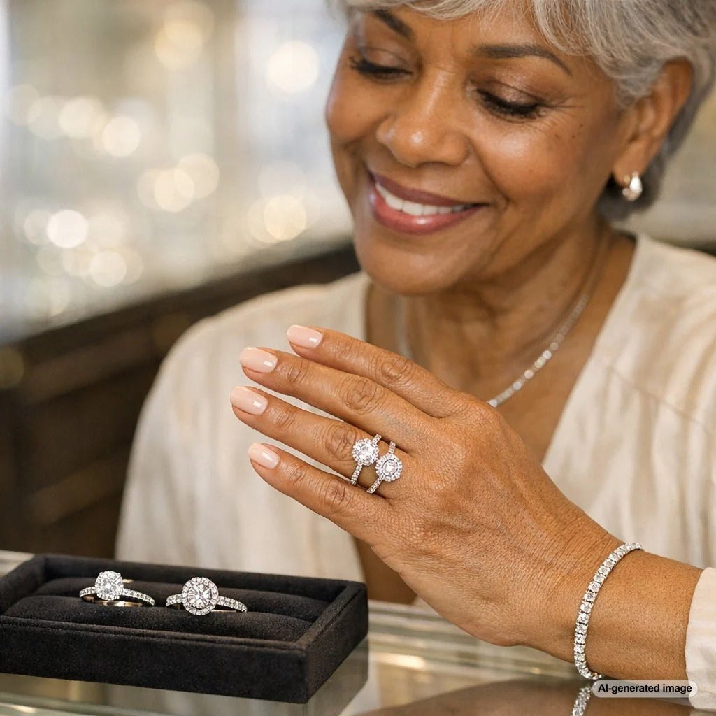 Comparison of Hidden Halo and Regular Halo diamond engagement ring settings showing side profile secret sparkle versus top-down full halo brilliance.