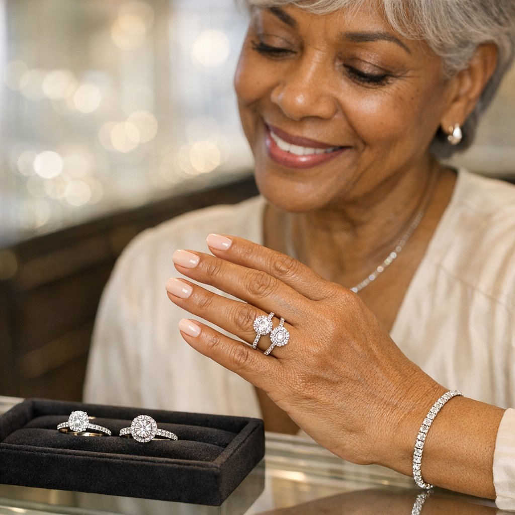 Comparison of Hidden Halo and Regular Halo diamond engagement ring settings showing side profile secret sparkle versus top-down full halo brilliance.