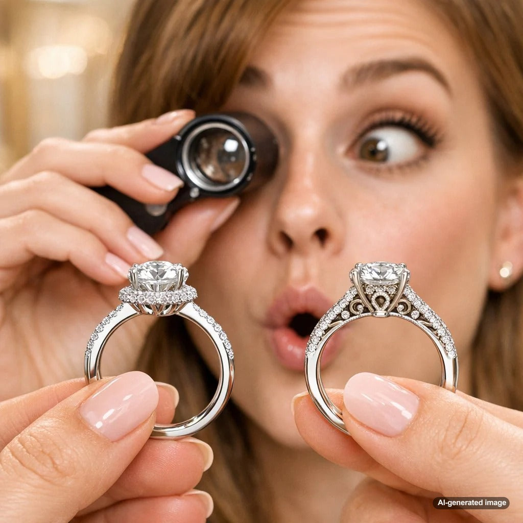 Close-up side profile view of two engagement rings, one with a hidden halo and one with an ornate under-gallery design, showcasing hidden diamond details.