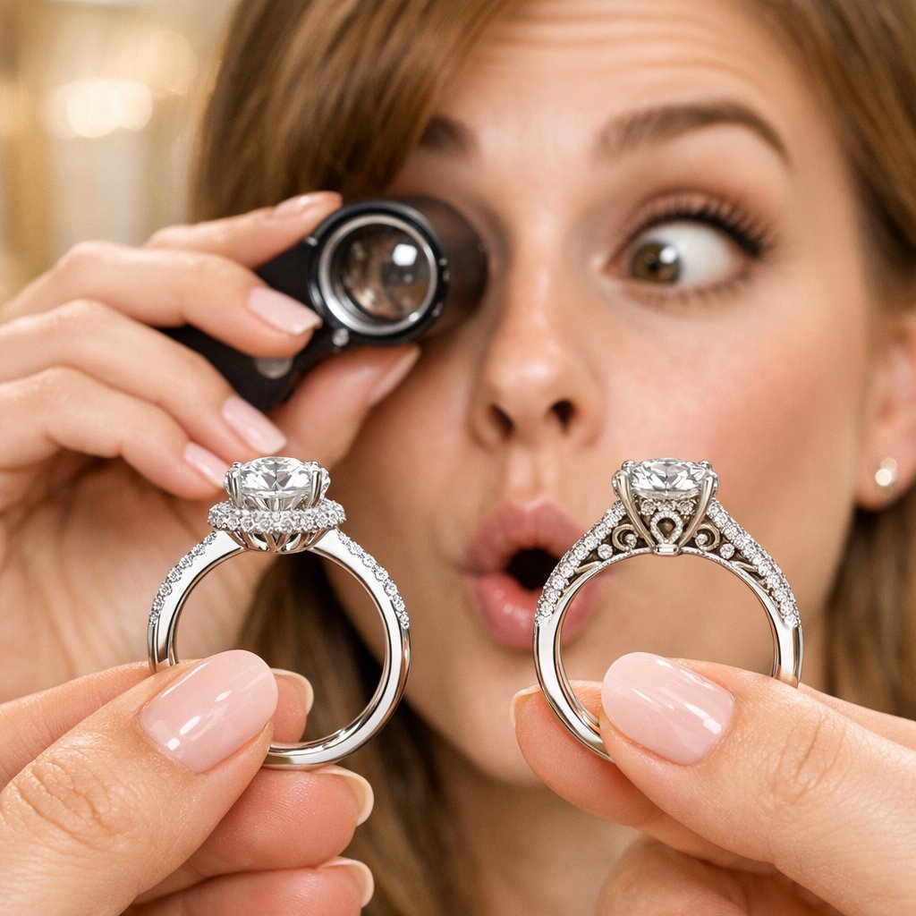 Close-up side profile view of two engagement rings, one with a hidden halo and one with an ornate under-gallery design, showcasing hidden diamond details.