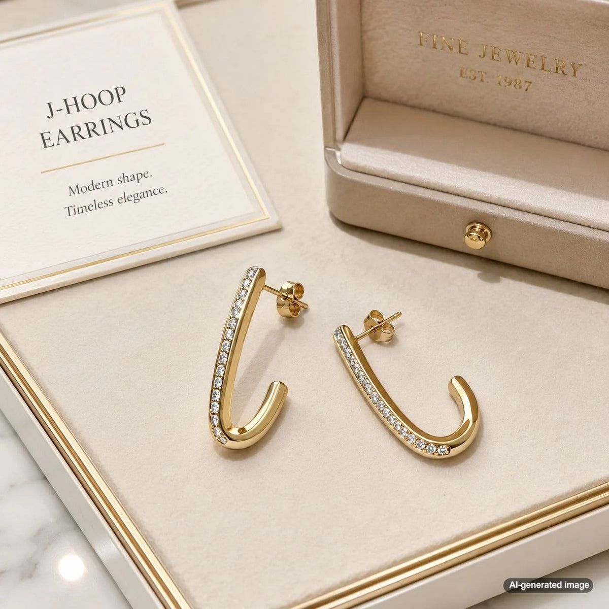 A selection of stunning J-Hoop earrings from Robinson's Jewelers, showcasing the unique open curve design in various gold finishes.