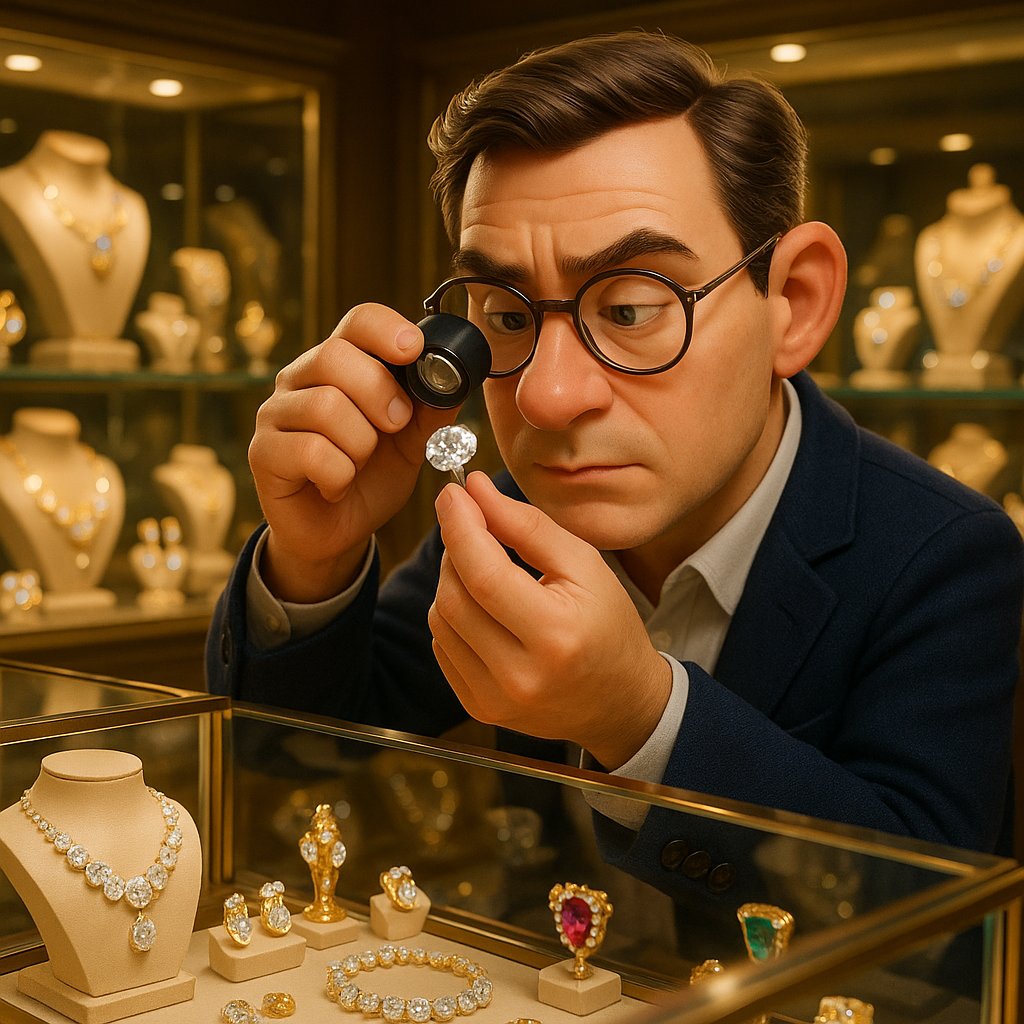 Close-up view of a jeweler examining a diamond ring with a loupe, showcasing the intense focus of a professional jeweler's eye