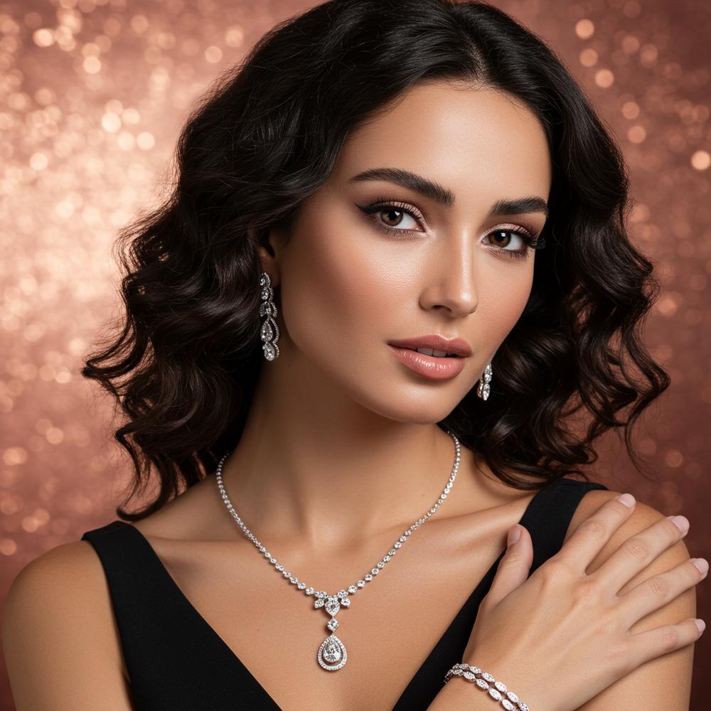 A glamorous woman admiring a dazzling jewelry collection at Robinson's Jewelers