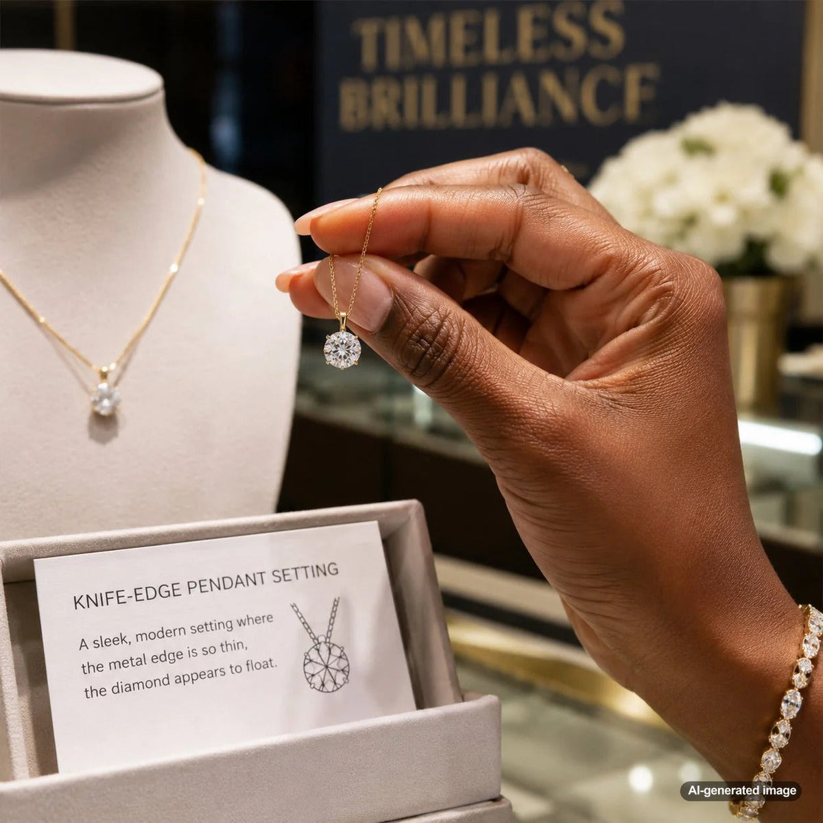 Close up of a stunning knife-edge pendant setting on a chain, highlighting the sharp V-shaped ridge and a sparkling diamond center.