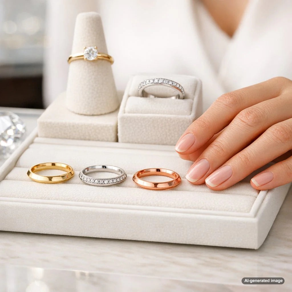 A stunning gold knife-edge ring band with a sparkling diamond center stone showcased on a white background