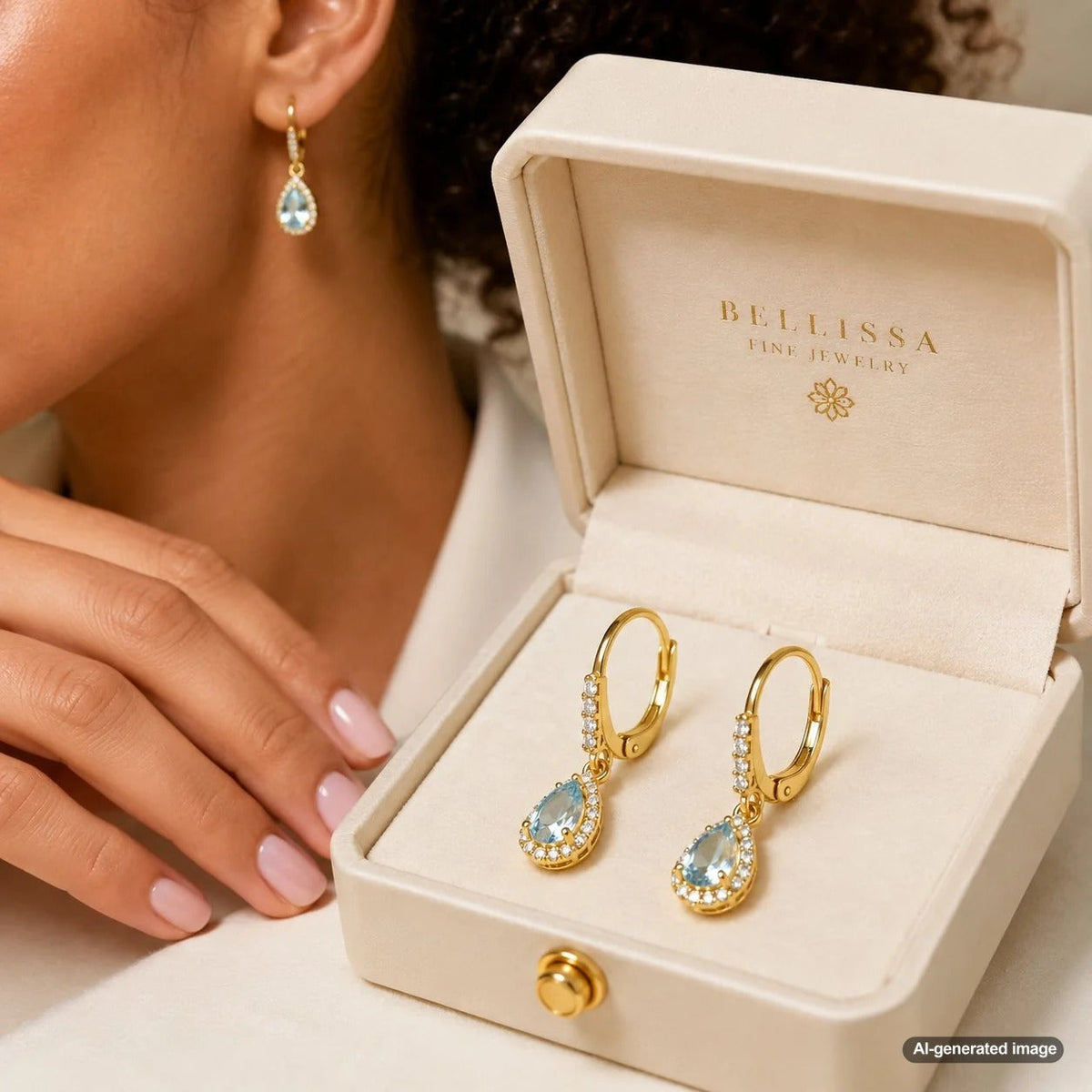A stunning pair of leverback earrings displayed at Robinson's Jewelers, highlighting the secure hinged closure mechanism and elegant drop design.