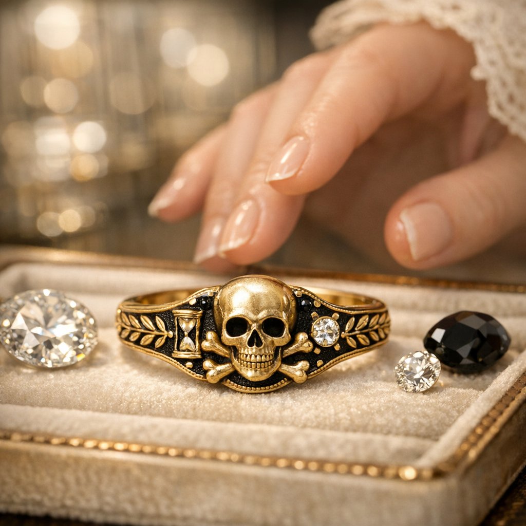 An antique Memento Mori ring featuring a skull motif and black enamel, displayed on a velvet cloth.