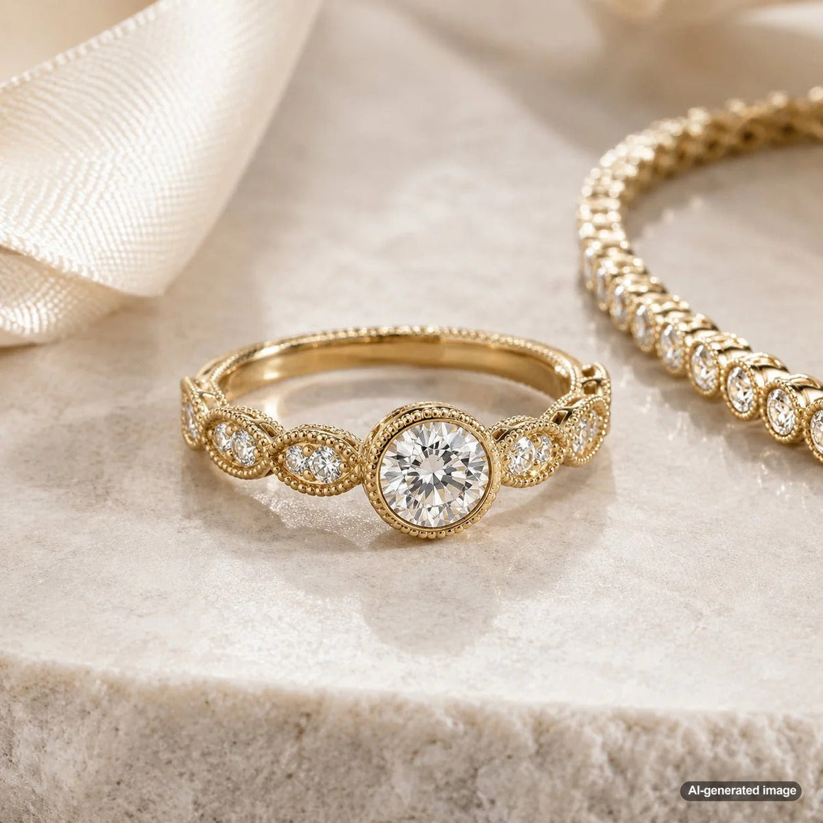 A close-up view of a gold ring showcasing an intricate milgrain edge with tiny beaded detailing, illustrating classic vintage-inspired jewelry craftsmanship.