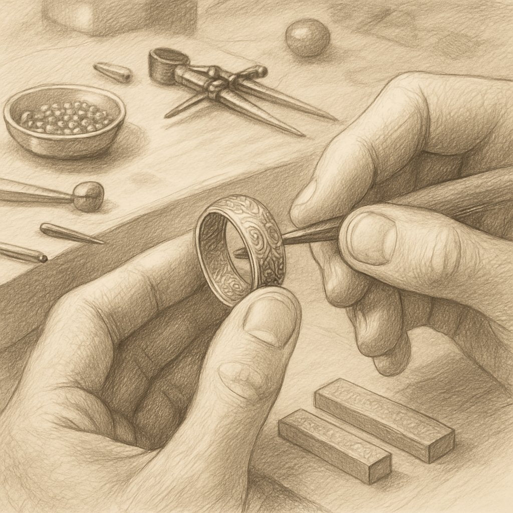 Close-up of a stunning mokume gane wedding band showing swirling wood-grain patterns in mixed metals like gold and platinum, on a velvet background.