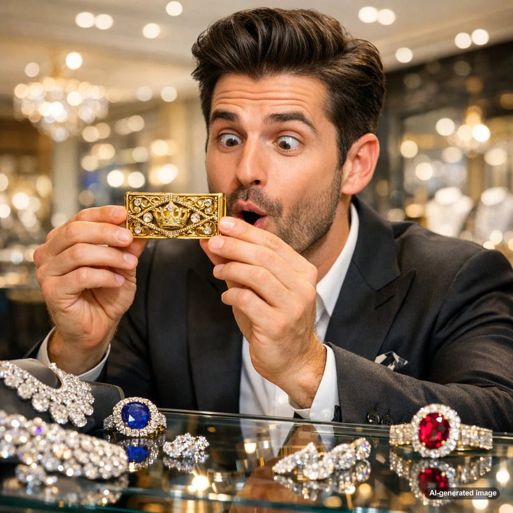 An elegant collection of luxury designer money clips made of gold and sterling silver, displayed on a dark surface, showcasing fine jewelry for men at Robinson's Jewelers.