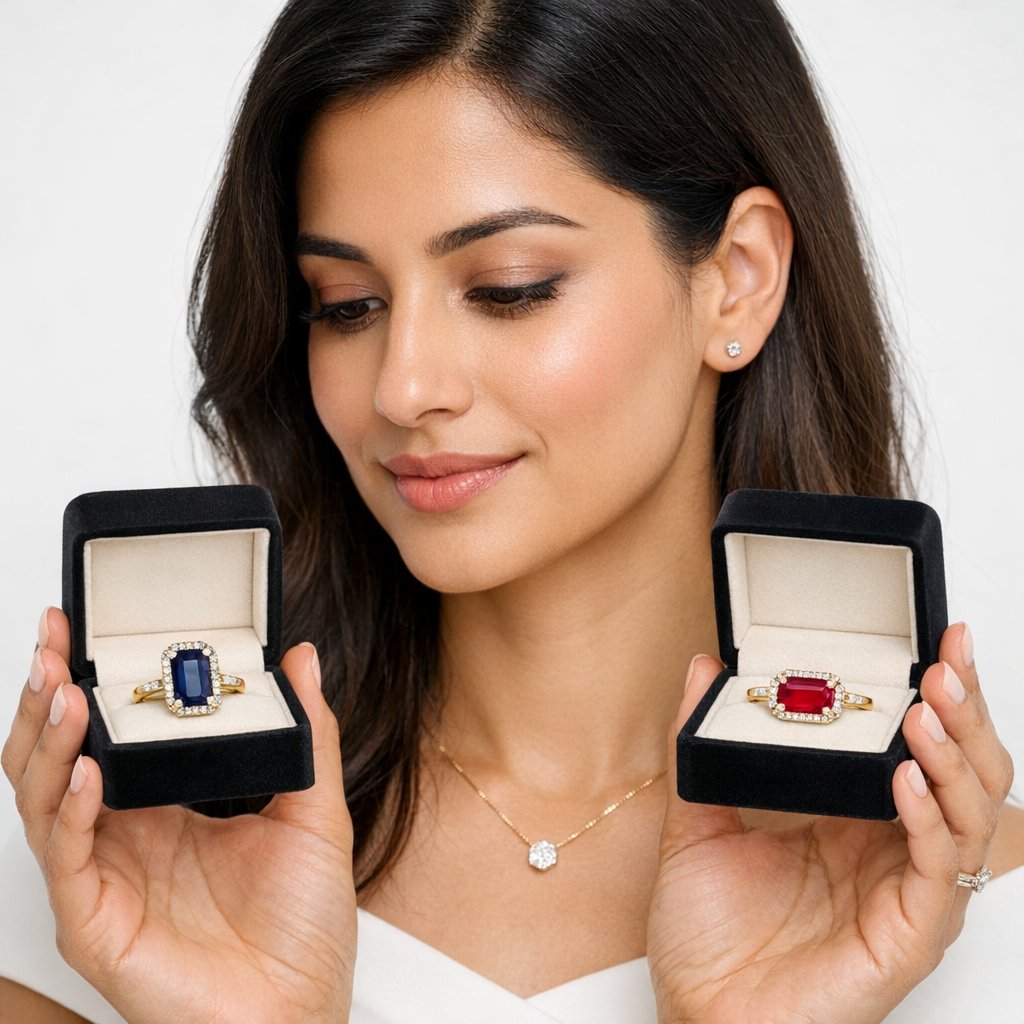 A split image comparing a north-south gemstone setting versus an east-west gemstone setting on rings, illustrating vertical and horizontal stone orientations.