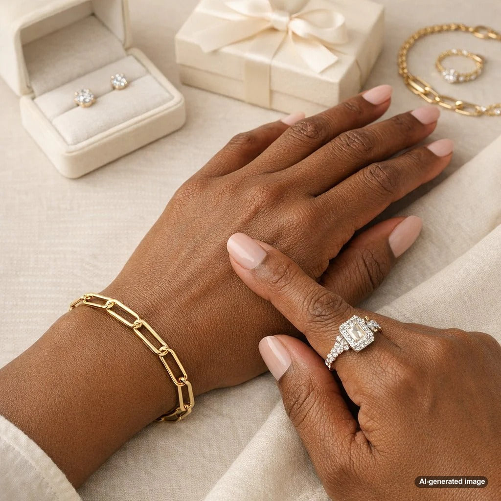 Stacked gold and silver paperclip bracelets on a wrist, showcasing modern and wearable jewelry from Robinson's Jewelers.