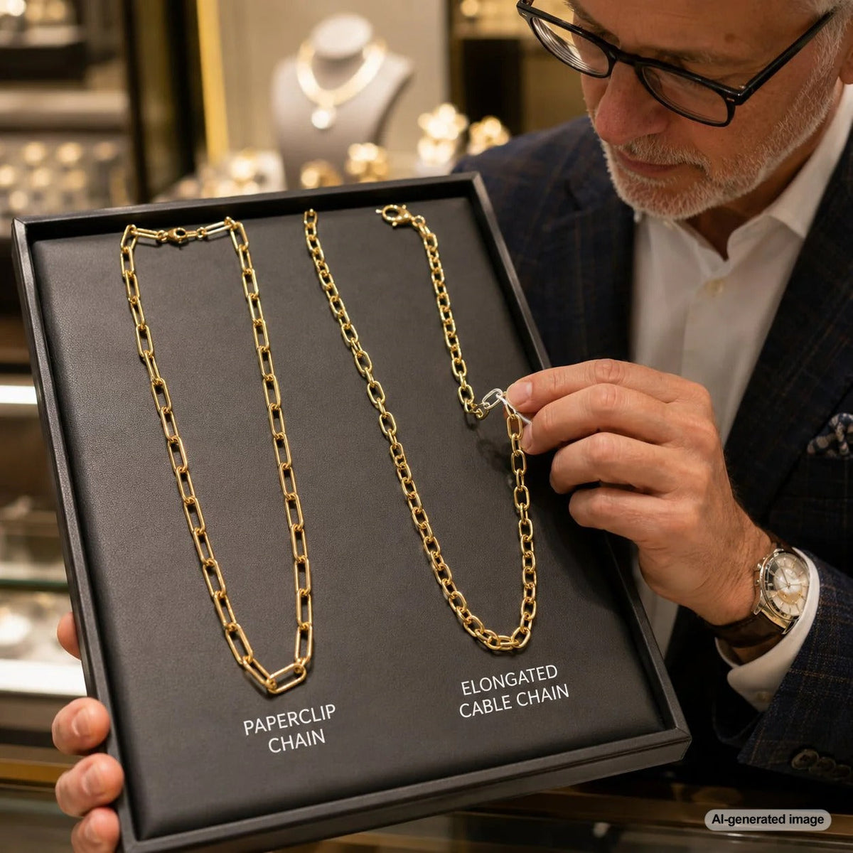 Comparison of a gold paperclip chain and a gold elongated cable chain side by side on a neutral background at Robinson's Jewelers