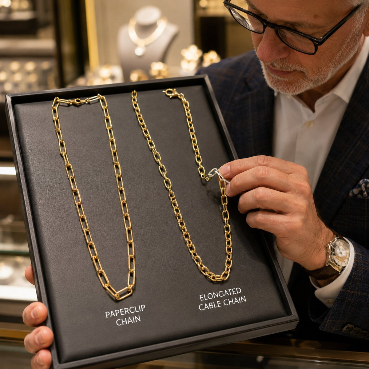 Comparison of a gold paperclip chain and a gold elongated cable chain side by side on a neutral background at Robinson's Jewelers