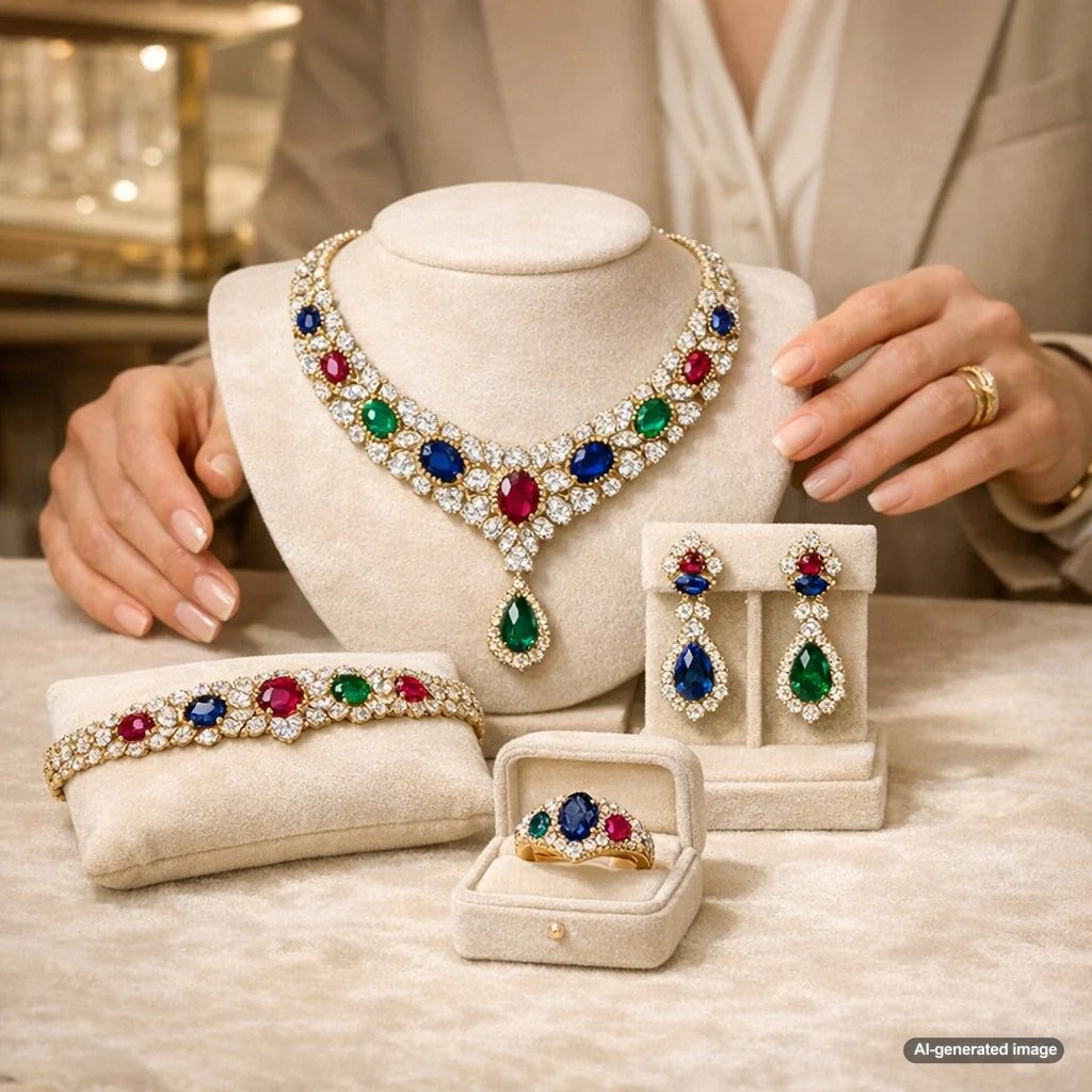 An elegant display of a diamond and gemstone parure jewelry set including a necklace, earrings, and a bracelet, resting on a reflective surface, representing the concept of a coordinated luxury jewelry collection.