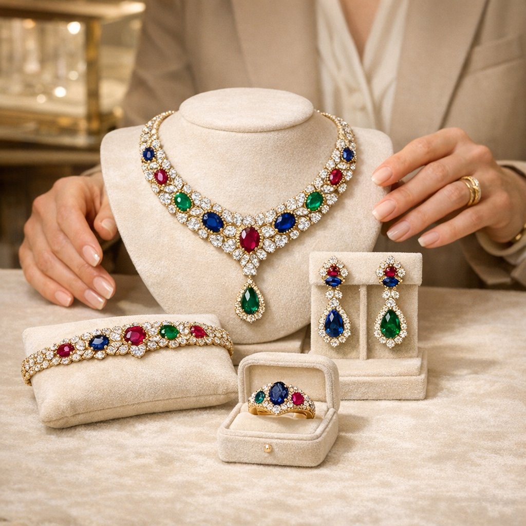 An elegant display of a diamond and gemstone parure jewelry set including a necklace, earrings, and a bracelet, resting on a reflective surface, representing the concept of a coordinated luxury jewelry collection.