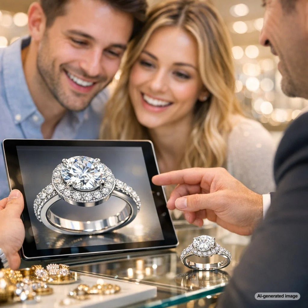 A photorealistic 3D render of a custom diamond engagement ring on a digital screen, showcasing the design process at Robinson's Jewelers.