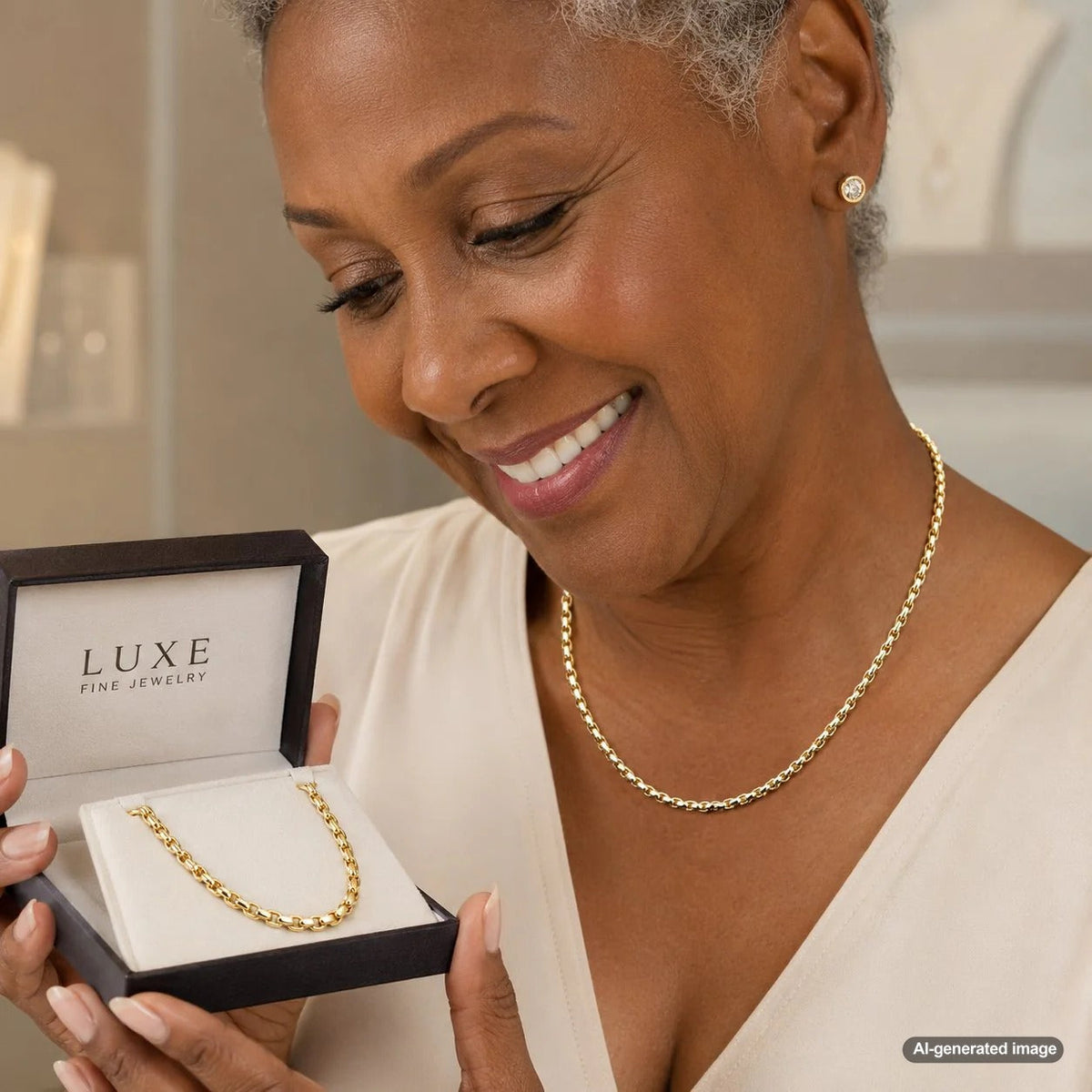 Close up image of a shiny gold Rolo chain necklace with uniform round links