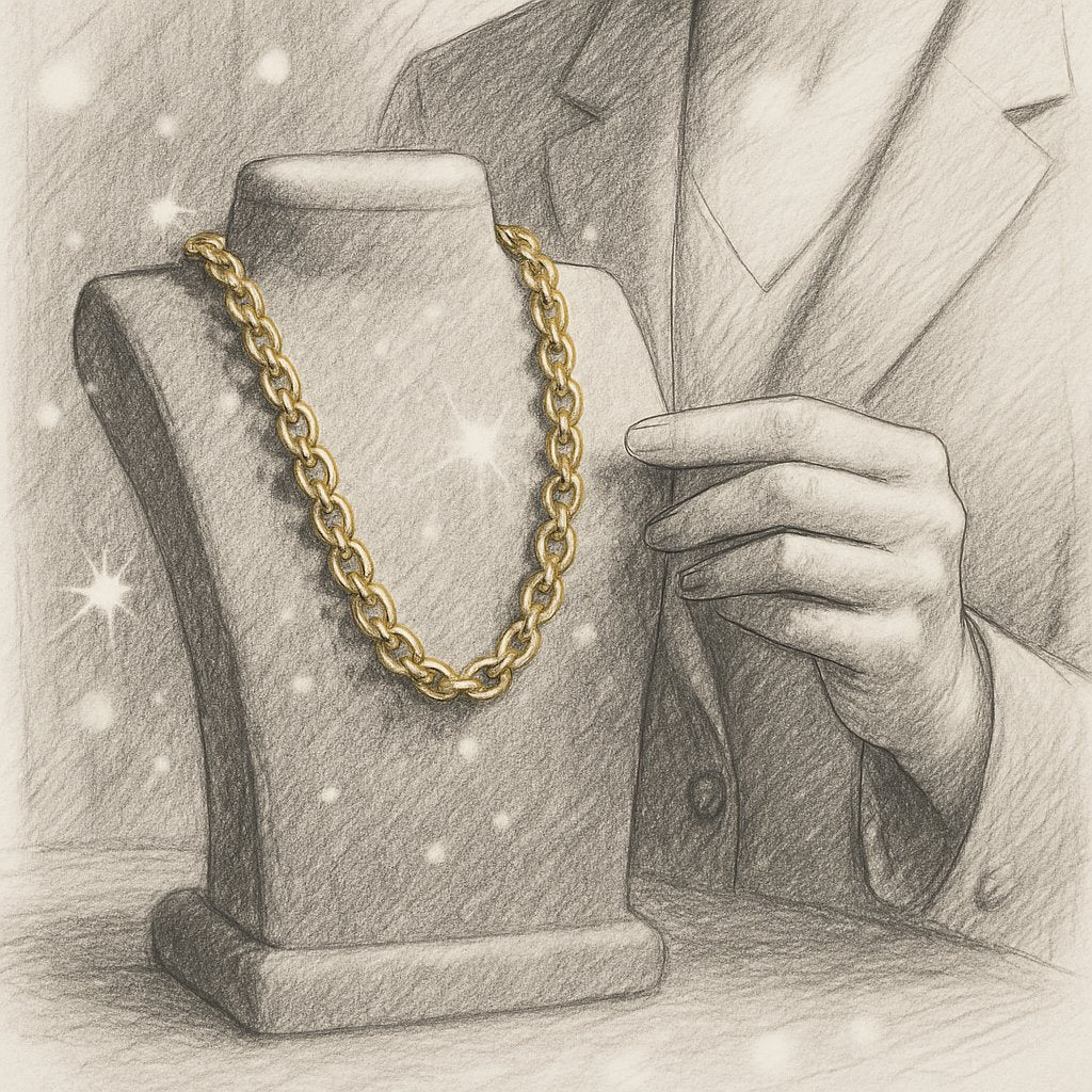 Close up of a beautiful gold rolo chain necklace showing its uniform round links and versatile design