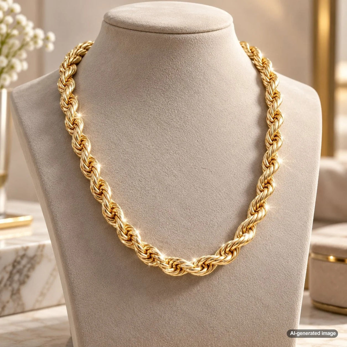 Rope chain jewelry featuring an intricate twisted link design and brilliant reflective surfaces that create a sparkling appearance