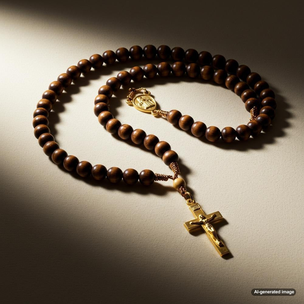 A beautiful rosary-style necklace featuring beaded design and a cross pendant