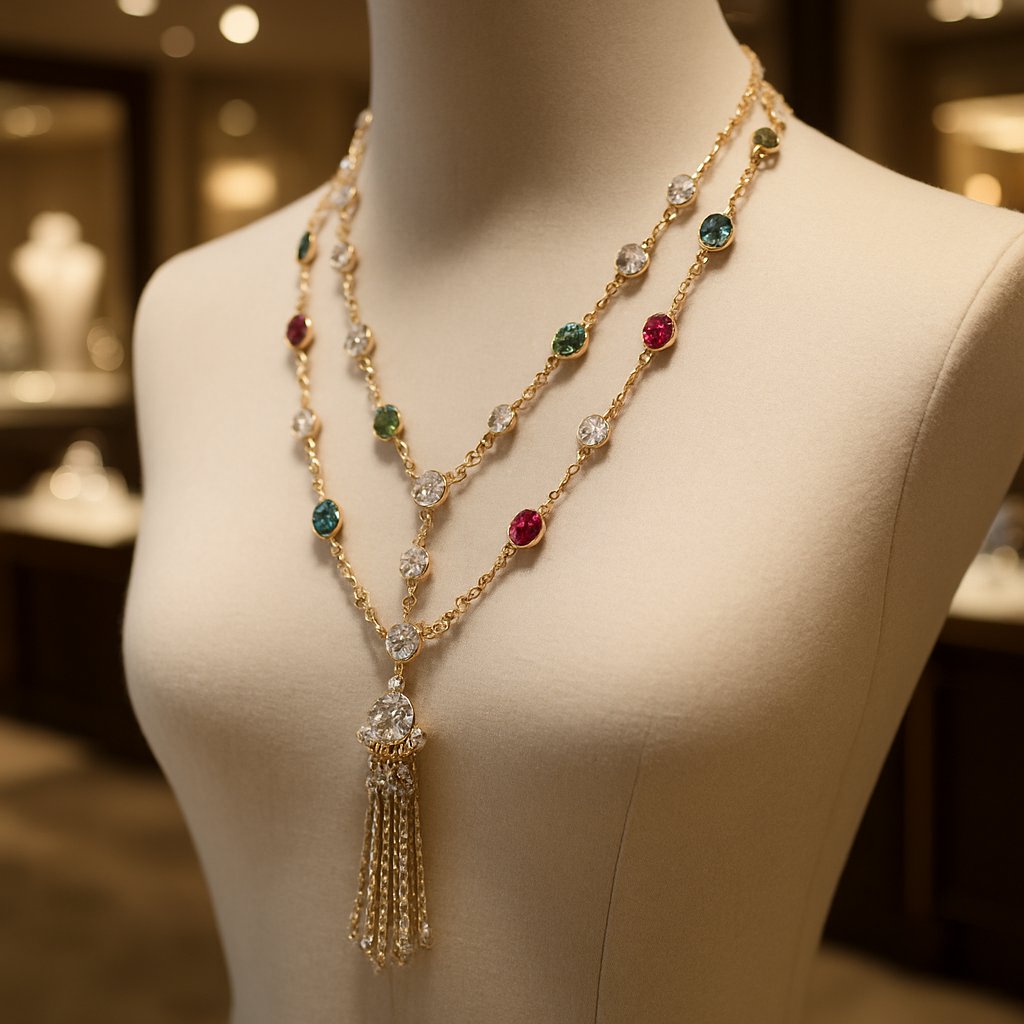 An elegant long pearl sautoir necklace with a glittering diamond tassel, draped artfully on a dark background