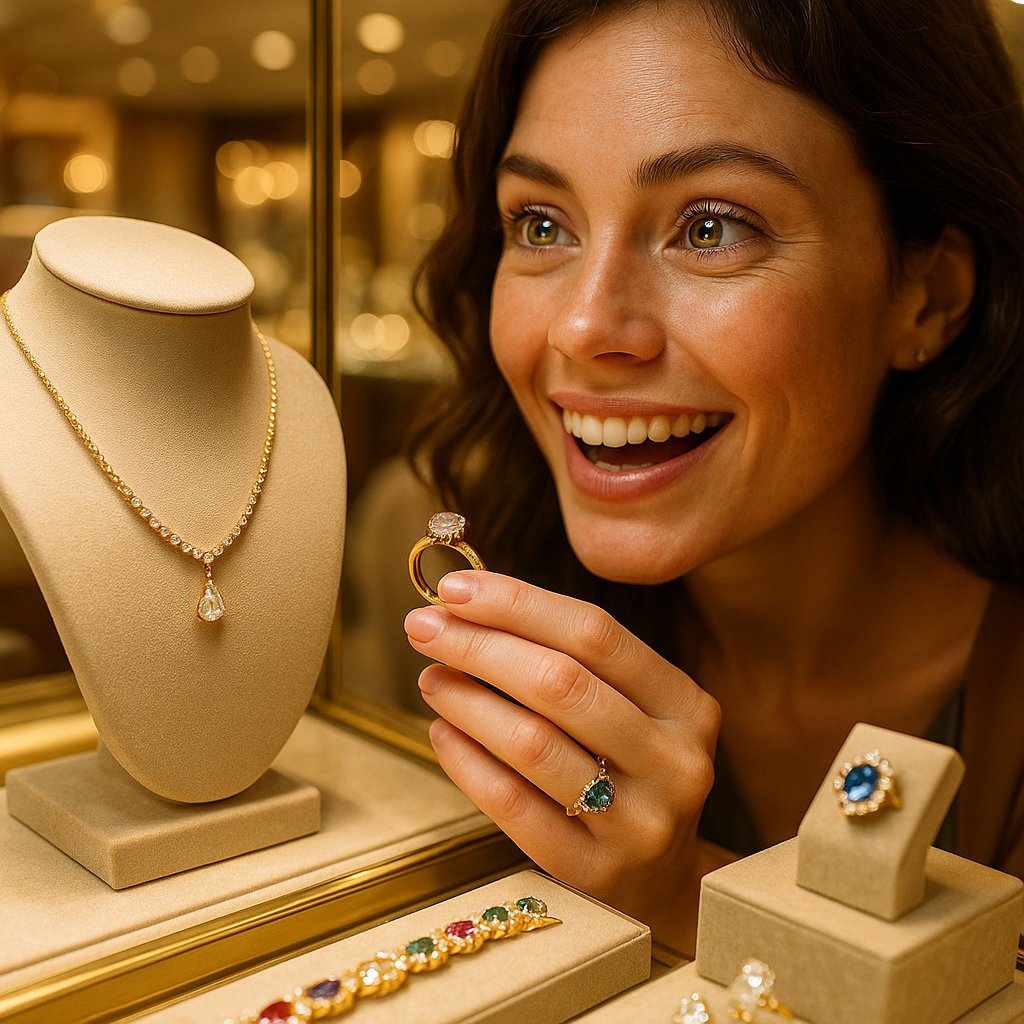 Close-up of various types of sentimental jewelry including lockets, engraved bracelets, and birthstone rings displayed on velvet